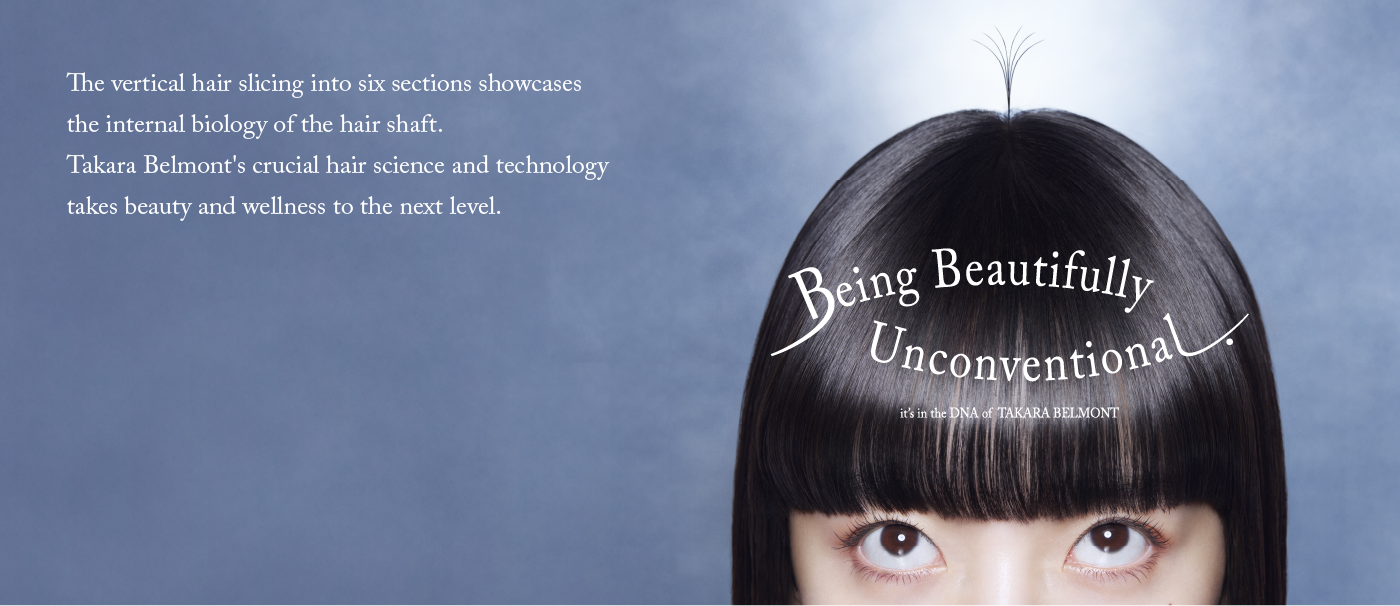 The vertical hair slicing into six sections showcases the internal biology of the hair shaft. Takara Belmont's crucial hair science and technology takes beauty and wellness to the next level.